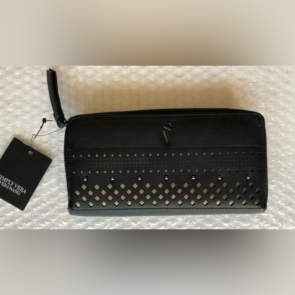 Simply Vera Wang Wallet Zip Around Black with studs & laser cutouts in silver